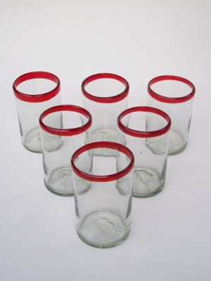 Vasos de Vidrio Soplado / Juego de 6 vasos grandes con borde rojo rubí / Éstos artesanales vasos le darán un toque clásico a su bebida favorita.